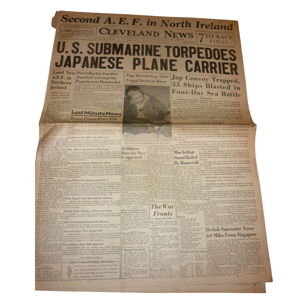 Vintage 1942 Cleveland News Newspaper WWII US Carrier Sub Attack AEF Ireland